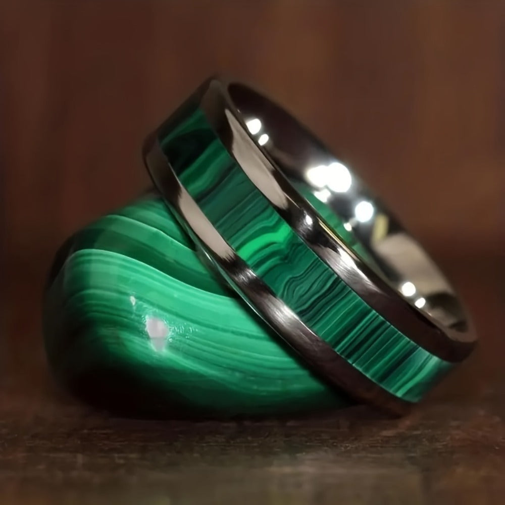 Rings for Women - Malachite Ring Men 8mm Titanium Steel High Polished Green Stone Band Bold - main product view