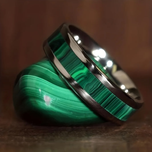 Rings for Women - Malachite Ring Men 8mm Titanium Steel High Polished Green Stone Band Bold - main product view
