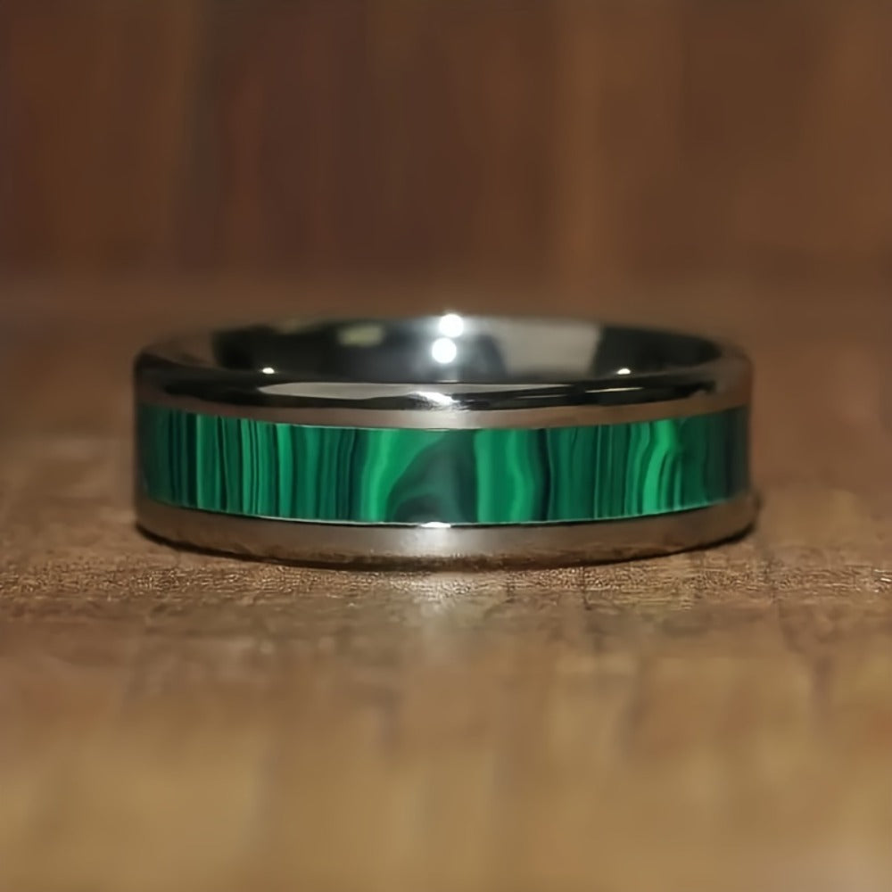 Rings for Women - Malachite Ring Men 8mm Titanium Steel High Polished Green Stone Band Bold - product detail view 3