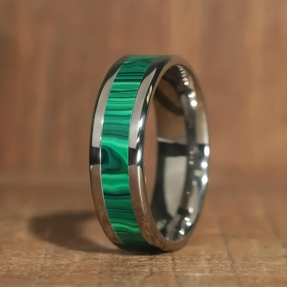 Rings for Women - Malachite Ring Men 8mm Titanium Steel High Polished Green Stone Band Bold - product detail view 4
