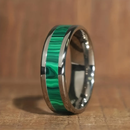 Rings for Women - Malachite Ring Men 8mm Titanium Steel High Polished Green Stone Band Bold - product detail view 4