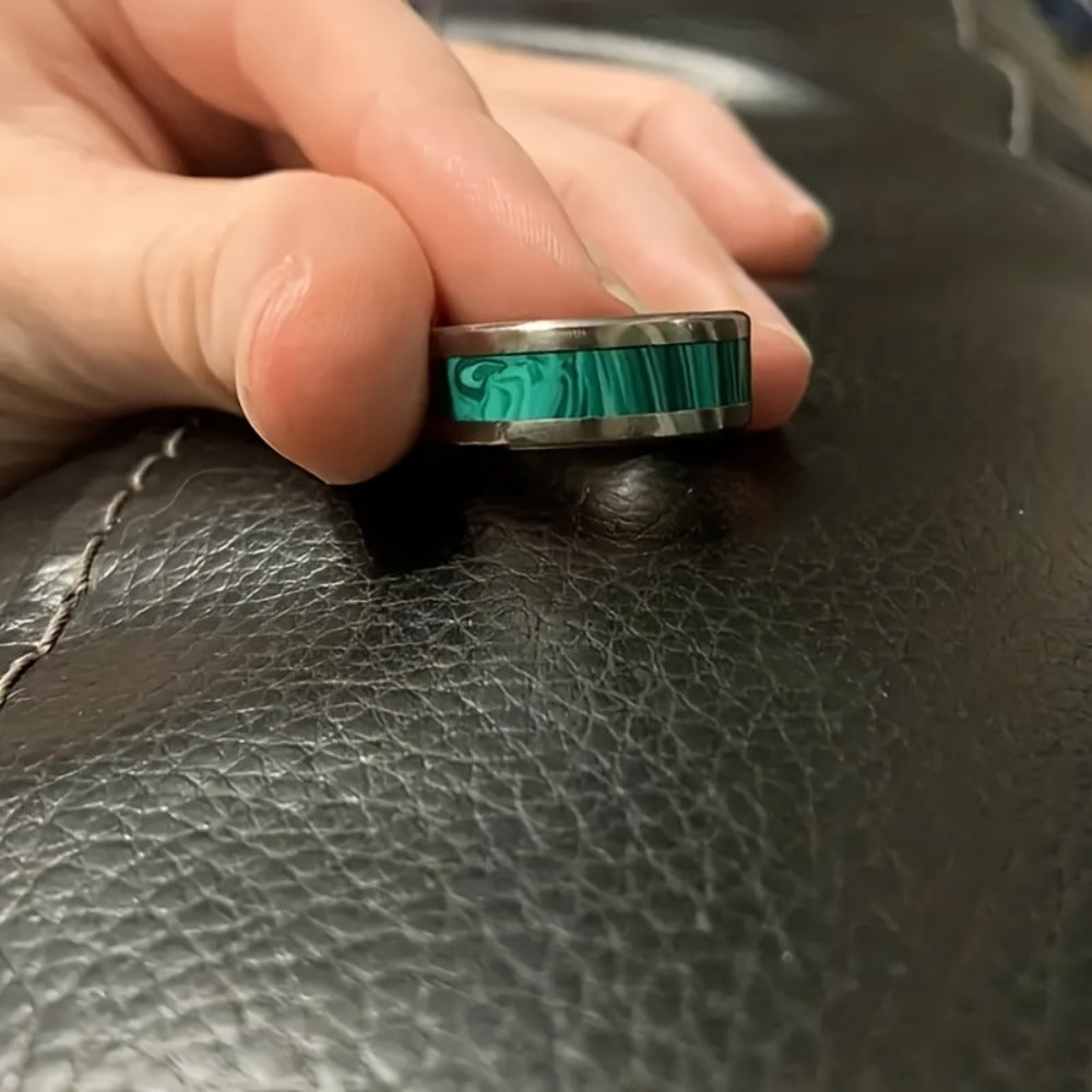 Rings for Women - Malachite Ring Men 8mm Titanium Steel High Polished Green Stone Band Bold - product detail view 5