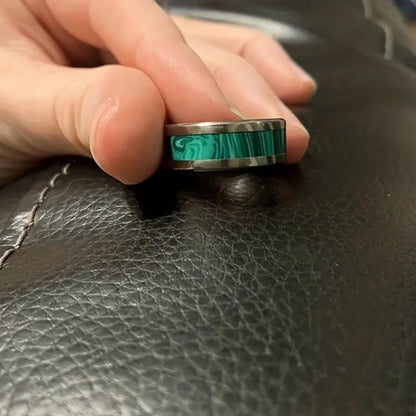 Rings for Women - Malachite Ring Men 8mm Titanium Steel High Polished Green Stone Band Bold - product detail view 5