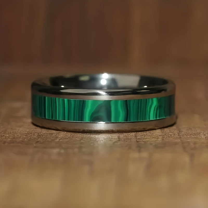 Rings for Women - Malachite Ring Men 8mm Titanium Steel High Polished Green Stone Band Bold - product detail view 7