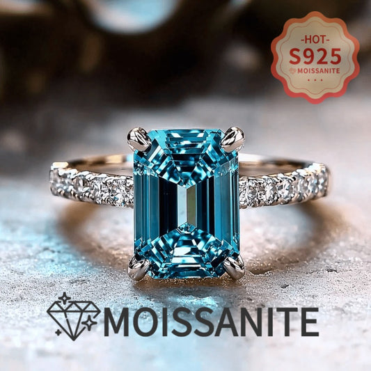 Rings for Women - Moissanite Ring S925 Sterling Silver Blue Princess Cut Square Engagement - main product view