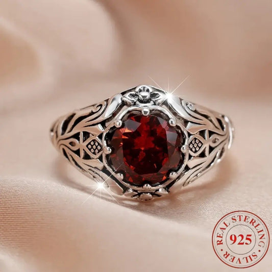 Rings for Women - Red Zirconia Ring S925 Sterling Silver Lattice Flower Design Vintage - main product view