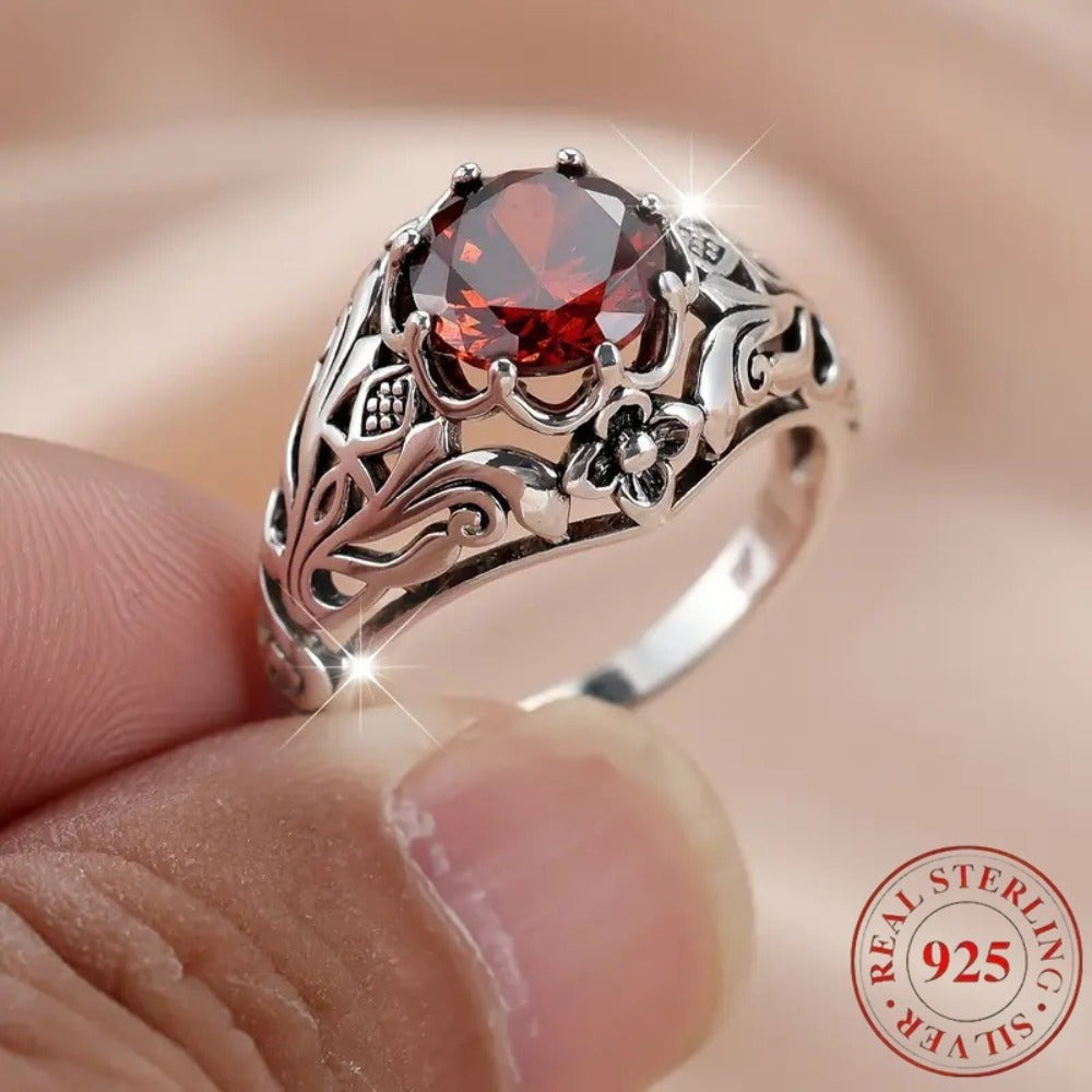 Rings for Women - Red Zirconia Ring S925 Sterling Silver Lattice Flower Design Vintage - product detail view 2