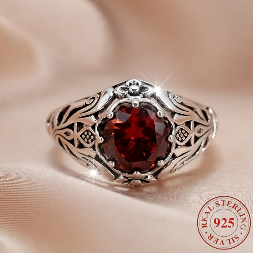 Rings for Women - Red Zirconia Ring S925 Sterling Silver Lattice Flower Design Vintage - product detail view 3
