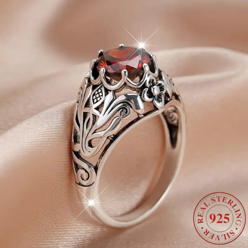 Rings for Women - Red Zirconia Ring S925 Sterling Silver Lattice Flower Design Vintage - product detail view 4