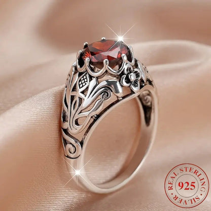 Rings for Women - Red Zirconia Ring S925 Sterling Silver Lattice Flower Design Vintage - product detail view 4