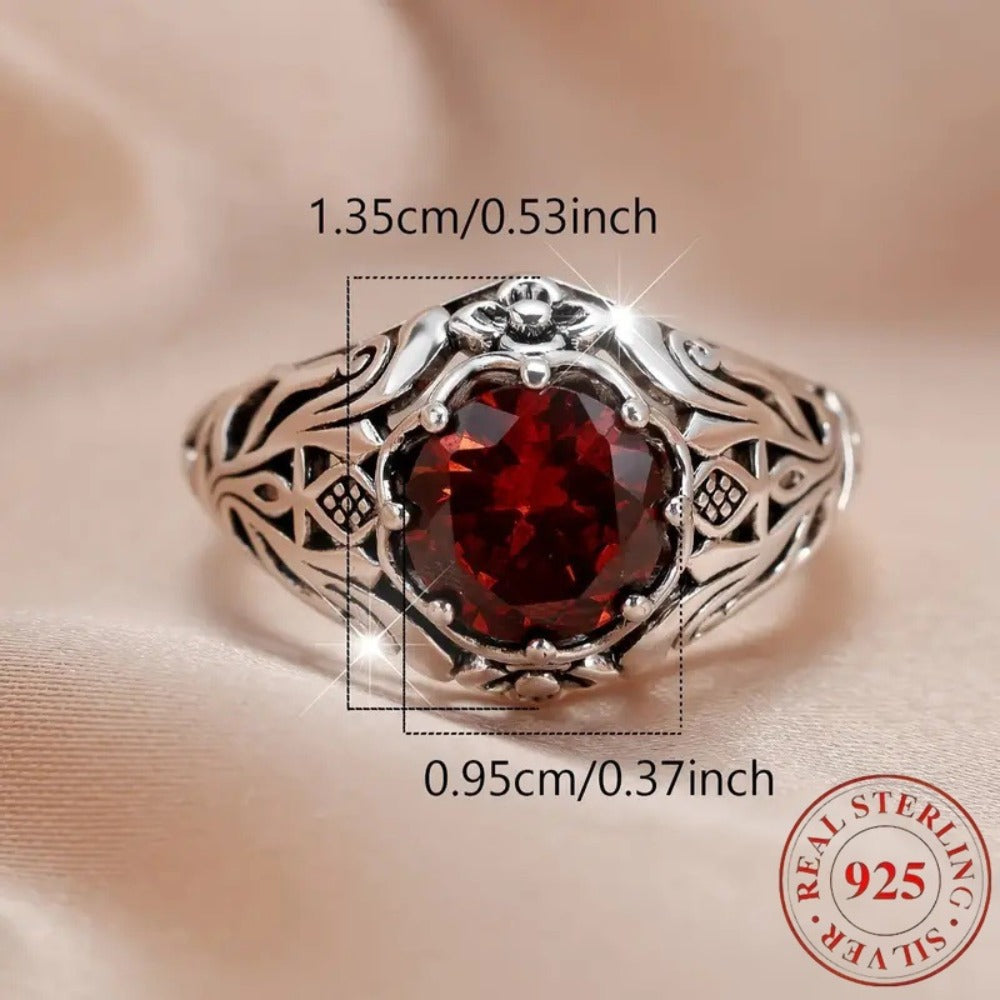 Rings for Women - Red Zirconia Ring S925 Sterling Silver Lattice Flower Design Vintage - product detail view 5