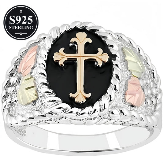 Rings for Women - Men's Cross Ring S925 Sterling Silver Black Mountain Gold Pattern Vintage - main product view