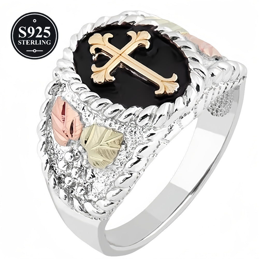 Rings for Women - Men's Cross Ring S925 Sterling Silver Black Mountain Gold Pattern Vintage - product detail view 4