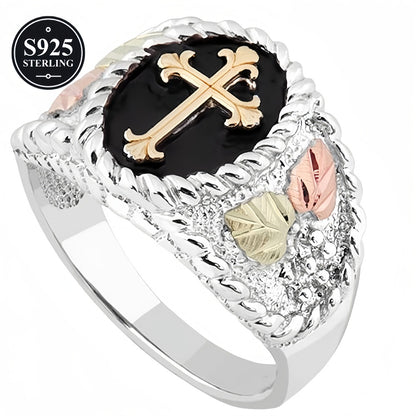 Rings for Women - Men's Cross Ring S925 Sterling Silver Black Mountain Gold Pattern Vintage - product detail view 6