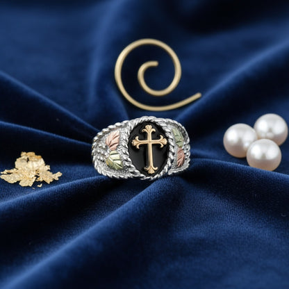 Rings for Women - Men's Cross Ring S925 Sterling Silver Black Mountain Gold Pattern Vintage - product detail view 7