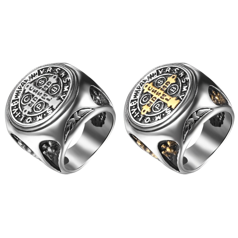 Rings for Women - Saint Benedict Medal Ring Stainless Steel Cross Religious Jewelry Silver - main product view