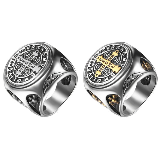 Rings for Women - Saint Benedict Medal Ring Stainless Steel Cross Religious Jewelry Silver - main product view