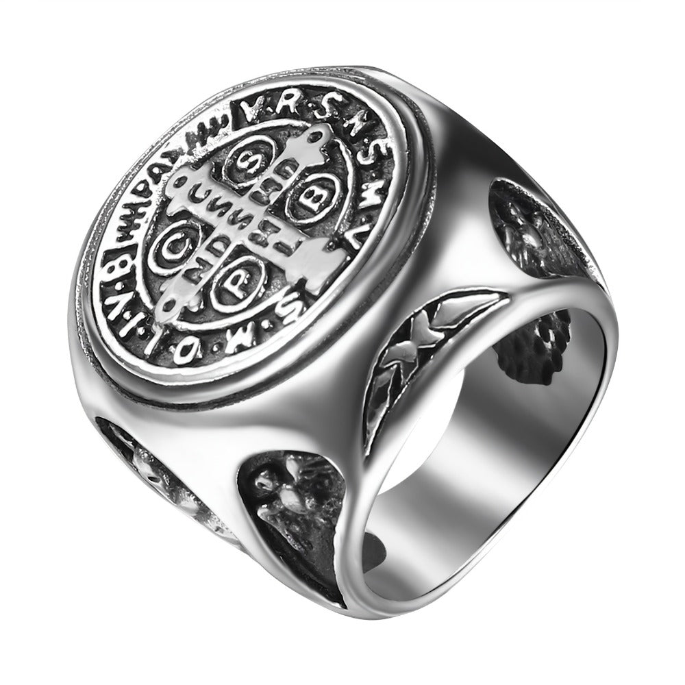 Rings for Women - Saint Benedict Medal Ring Stainless Steel Cross Religious Jewelry Silver - product detail view 3