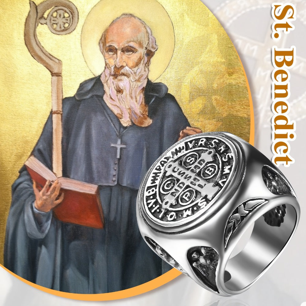 Rings for Women - Saint Benedict Medal Ring Stainless Steel Cross Religious Jewelry Silver - product detail view 11