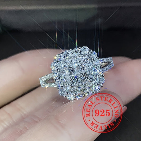 Rings for Women - Square CZ Engagement Ring 925 Sterling Silver Shiny Cubic Zirconia Bling - main product view
