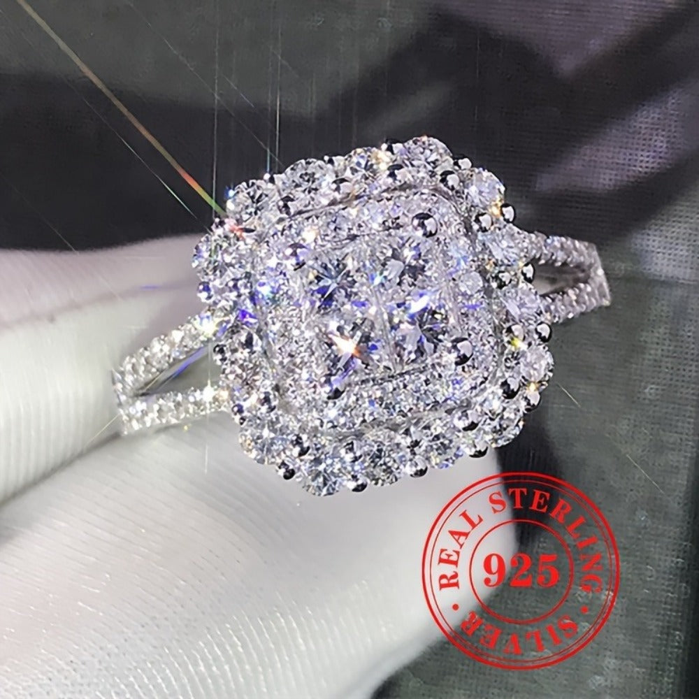 Rings for Women - Square CZ Engagement Ring 925 Sterling Silver Shiny Cubic Zirconia Bling - product detail view 4