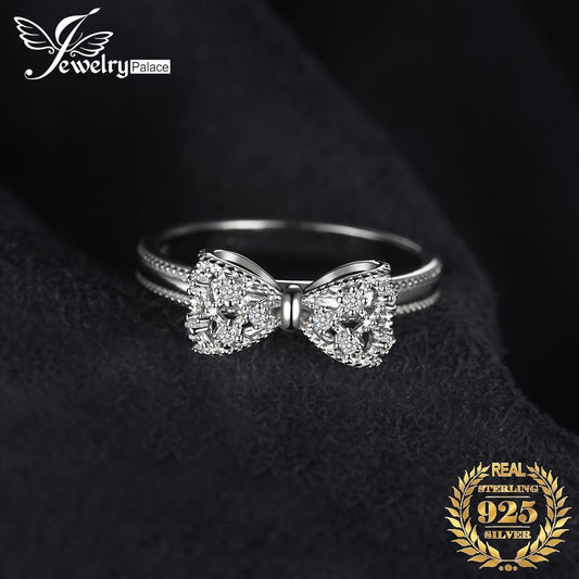 Rings for Women - Sterling Silver Bowknot Ring for CZ Diamond Accent Elegant Bow Knot Design - main product view