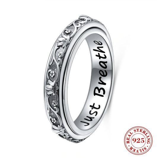 Rings for Women - Sterling Silver Spinner Ring for - Oxidized Lotus Flower Fidget Ring - main product view
