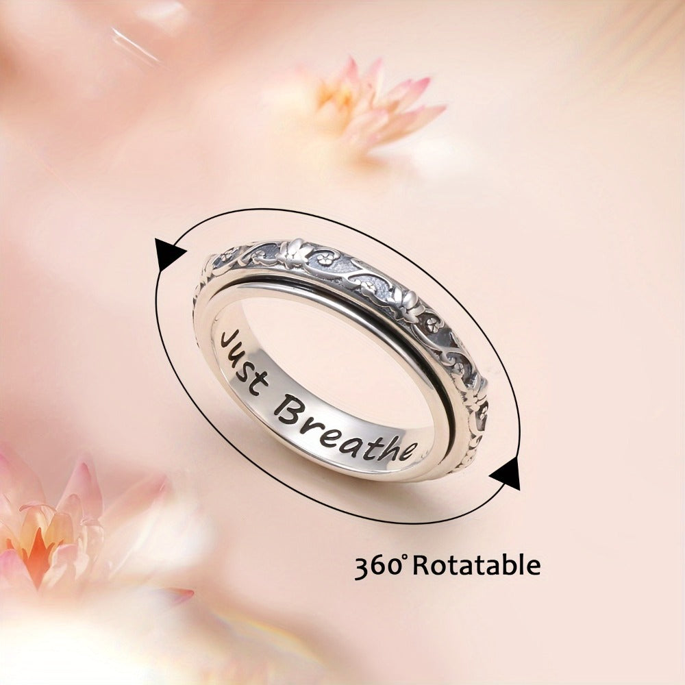 Rings for Women - Sterling Silver Spinner Ring for - Oxidized Lotus Flower Fidget Ring - product detail view 6