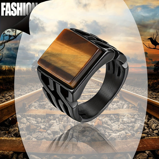 Rings for Women - Tiger Eye Stone Ring Men Stainless Steel Square Retro Band Sizes 7 to 14 - main product view