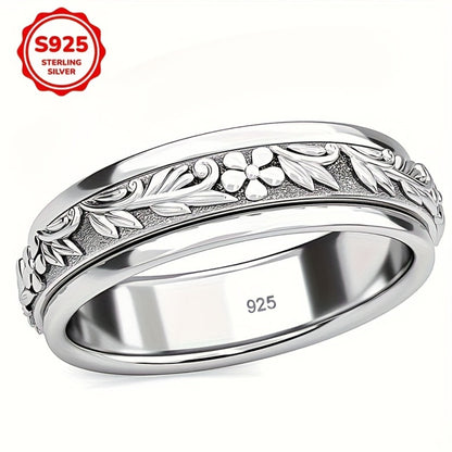 Rings for Women - Wide Band Ring 925 Sterling Silver Vintage Carved Leaf Flower Ring for - main product view