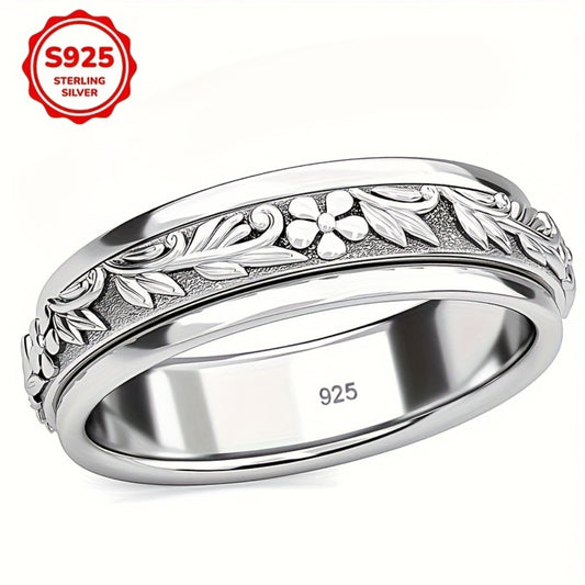 Rings for Women - Wide Band Ring 925 Sterling Silver Vintage Carved Leaf Flower Ring for - main product view