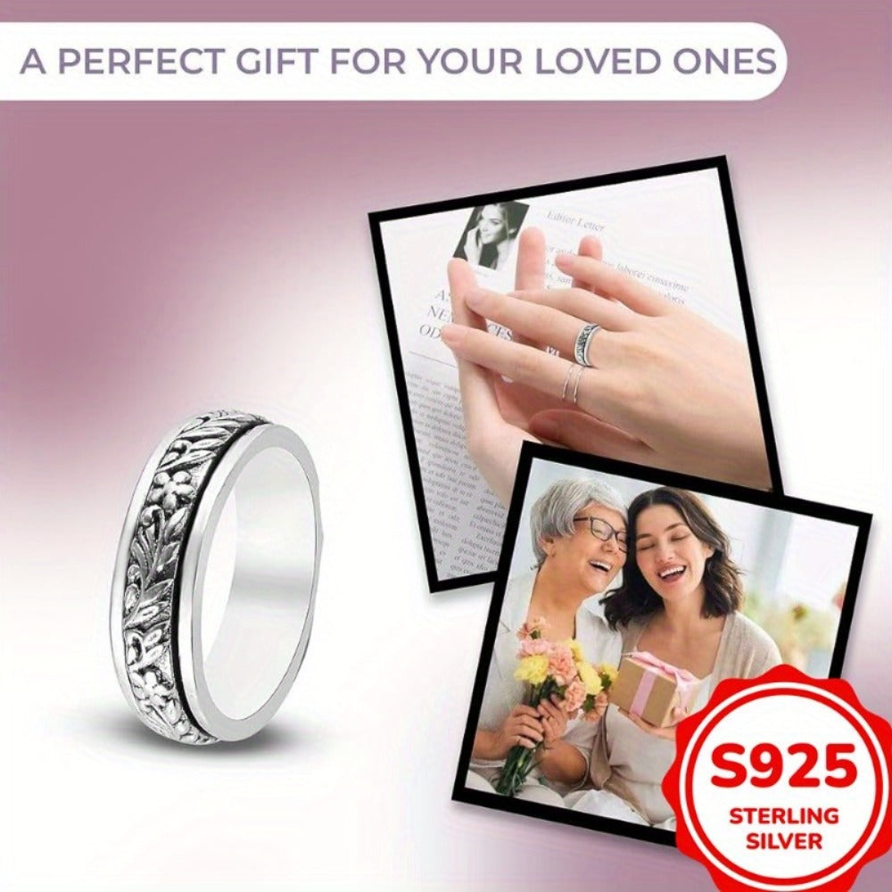 Rings for Women - Wide Band Ring 925 Sterling Silver Vintage Carved Leaf Flower Ring for - product detail view 3