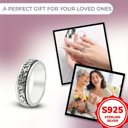 Rings for Women - Wide Band Ring 925 Sterling Silver Vintage Carved Leaf Flower Ring for - product detail view 3