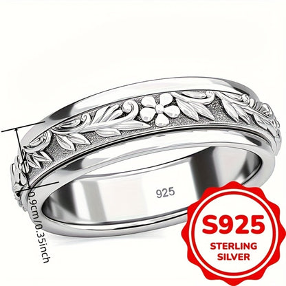 Rings for Women - Wide Band Ring 925 Sterling Silver Vintage Carved Leaf Flower Ring for - product detail view 4