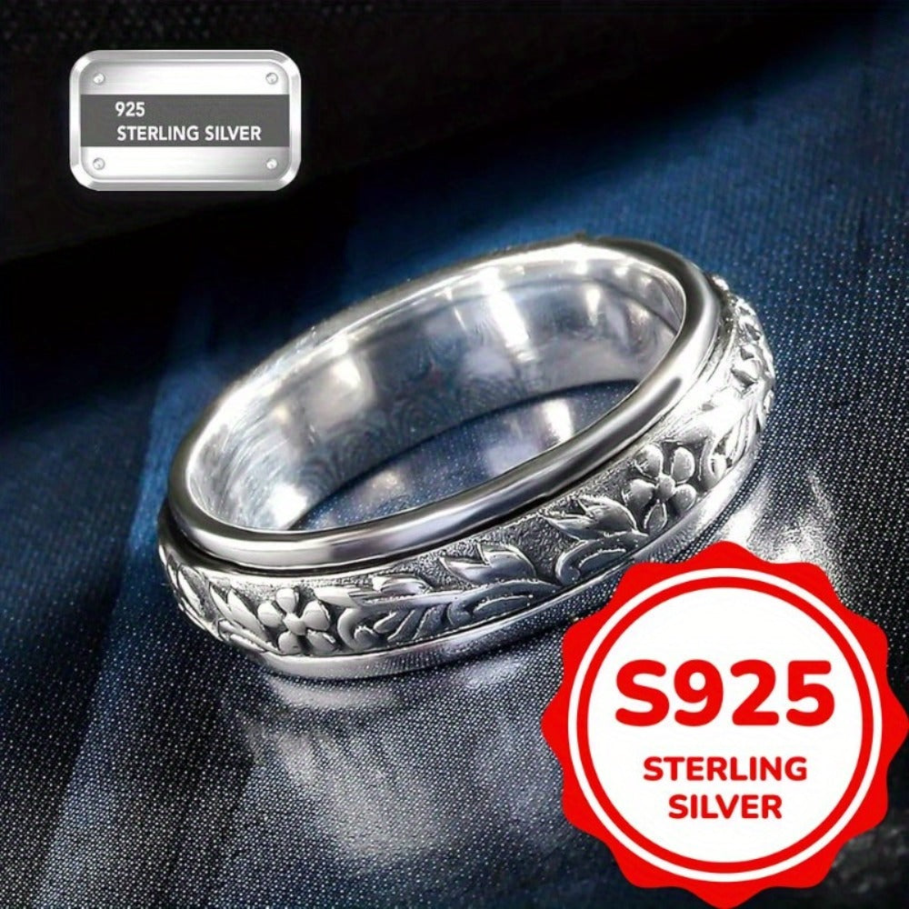 Rings for Women - Wide Band Ring 925 Sterling Silver Vintage Carved Leaf Flower Ring for - product detail view 5