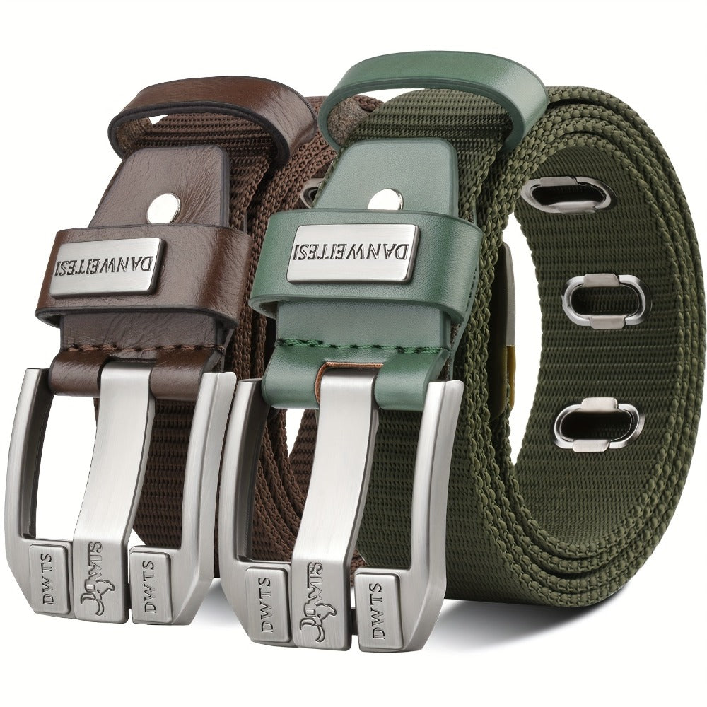 Men's Belt - Canvas for Two-Tone Green & Brown Alloy Needle Buckle Lightweight Woven - product detail view 3