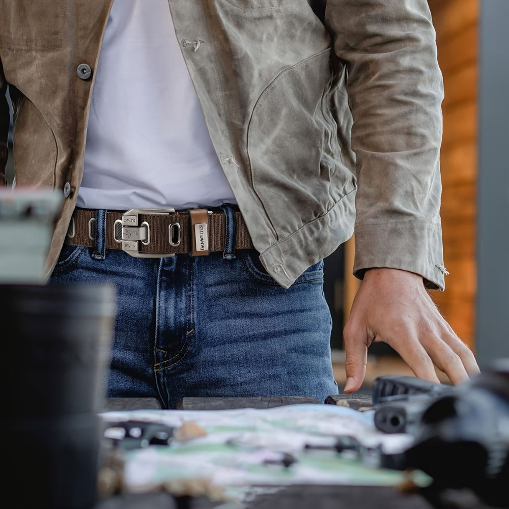 Men's Belt - Canvas for Two-Tone Green & Brown Alloy Needle Buckle Lightweight Woven - product detail view 5