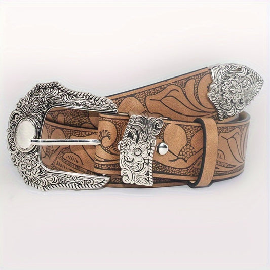 Men's Belt - Floral Embossed PU for Women - Vintage Western Carving Buckle Leather - main product view