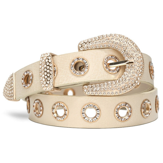 Women's Belt - Punk for Faux Leather Studded Grommet Rhinestone Rock - Vintage Edgy Waist - main product view