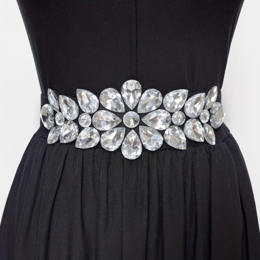 Women's Belt - Rhinestone Beaded Stretch for Shiny Big Glass Gem Exaggerated Glamour - main product view