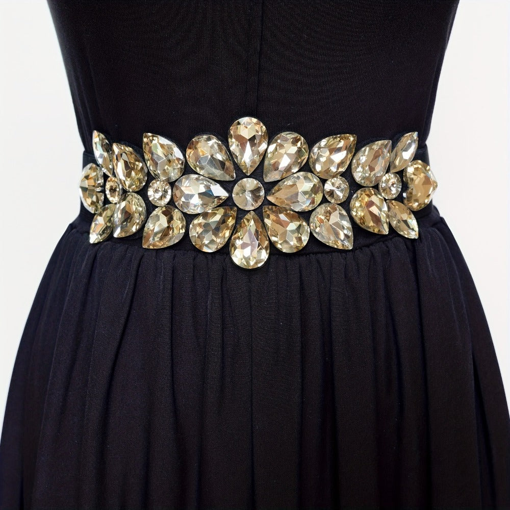 Women's Belt - Rhinestone Beaded Stretch for Shiny Big Glass Gem Exaggerated Glamour - product detail view 7