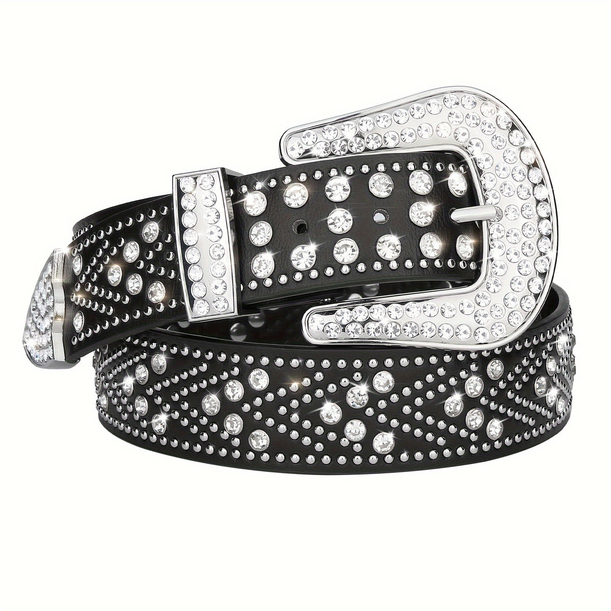 Men's Belt - Rhinestone Studded Bling Y2K Western Cowboy Cowgirl Style Faux Leather - product detail view 14