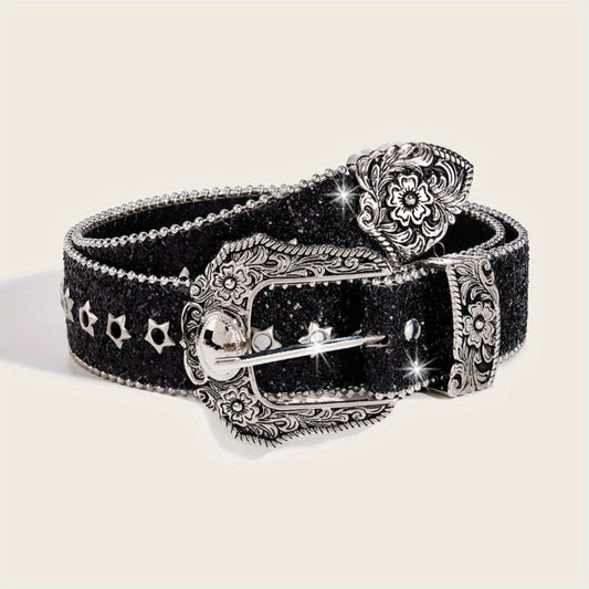 Women's Belt - Rhinestone Vintage Carved Buckle Waist - Punk Street Style Studded Faux - main product view