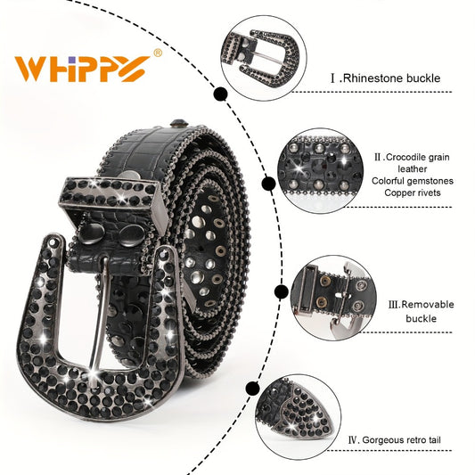 Men's Belt - Rhinestone for Western Cowboy Faux Crocodile Leather Strap Rivet Detail - main product view
