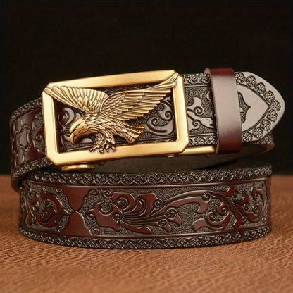 Men's Belt - 's Genuine Leather Eagle Buckle Western Cowboy Style Adjustable Strap - main product view