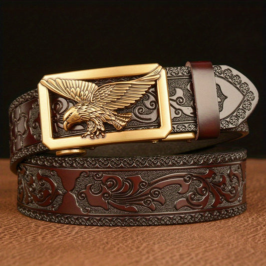 Men's Belt - 's Genuine Leather Eagle Buckle Western Cowboy Style Adjustable Strap - main product view
