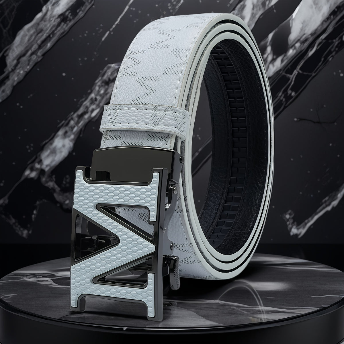 Men's Belt - 's Leather Automatic Buckle Letter M Alloy Buckle Adjustable Dress Black - product detail view 12