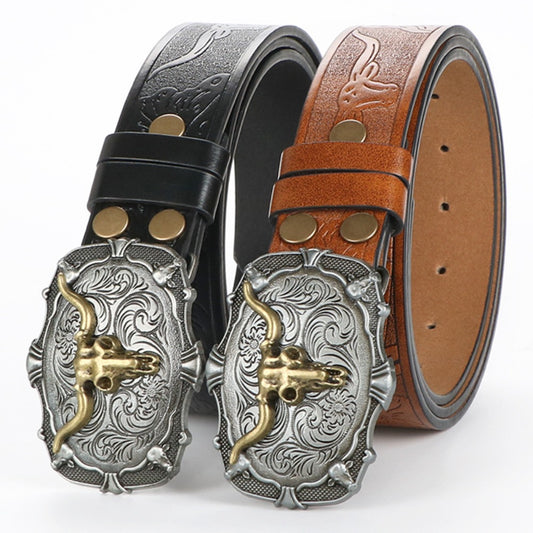 Men's Belt - 's Western Cowboy Set 2-Pack Bull Buckle Embossed Floral Faux Leather - main product view