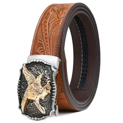 Men's Belt - 's Western Ratchet Faux Leather Sliding Automatic Click Buckle Hawk Horse - product detail view 14