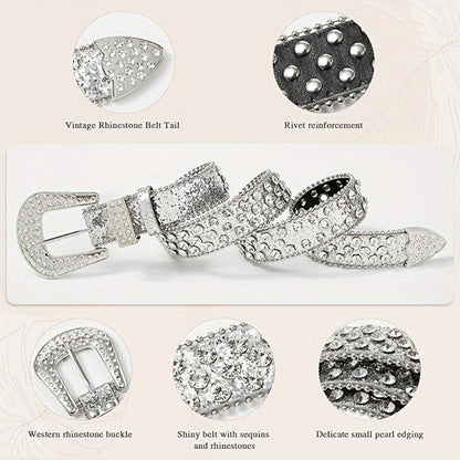 Women's Belt - Sequin Rhinestone Glitter Rivet Waist Y2K Punk Sparkle Bling Adjustable - product detail view 2